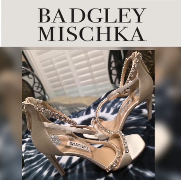 Badgley Mischka Ivory Satin Sparkling Baguette Embellished Heels